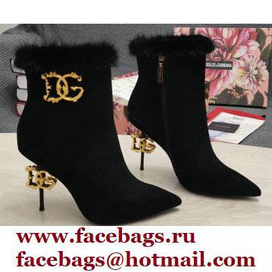 Dolce & Gabbana Mink Fur Thin Heel 10.5cm Leather Ankle Boots Suede Black with Baroque DG Heel 2021 - Click Image to Close